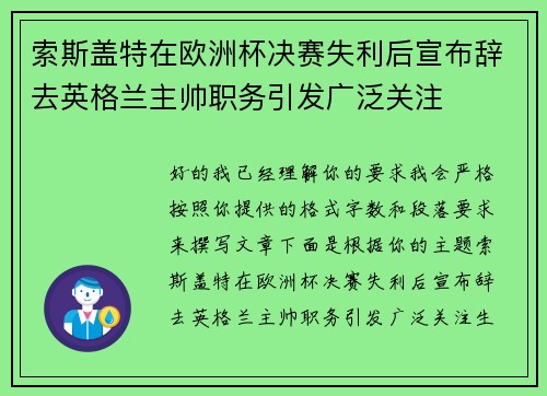 索斯盖特在欧洲杯决赛失利后宣布辞去英格兰主帅职务引发广泛关注